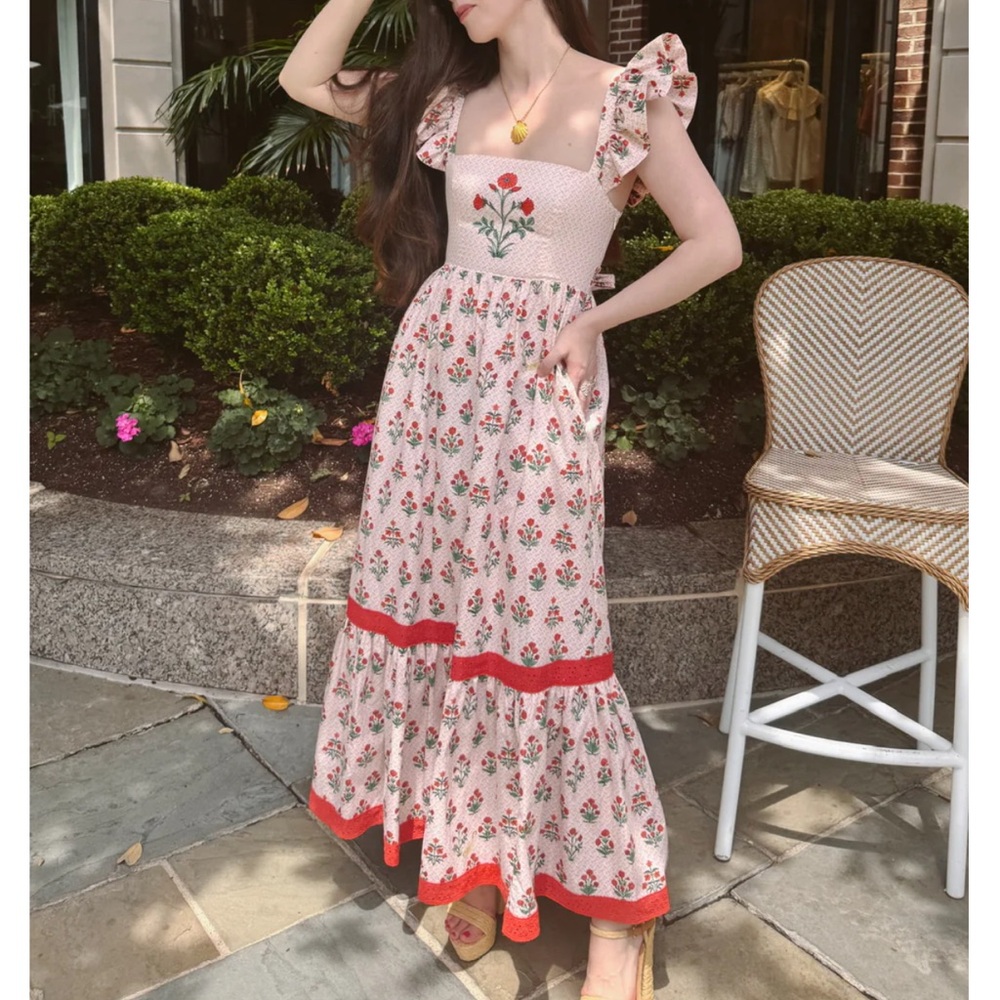 Hill House Floral Embroidered Maxi Dress - Pink and Red